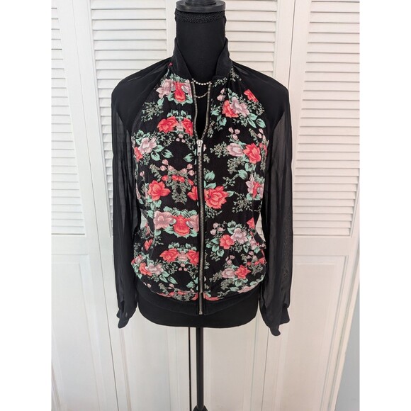 Kendall & Kylie Bomber Jacket Womens S Black Pink Floral Zip Crop Skater Hipster - Picture 1 of 14
